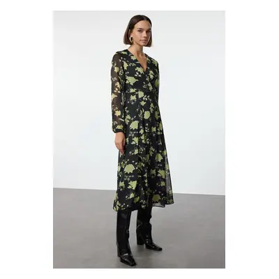 Trendyol Black Floral Patterned A-Line Double Breasted Midi Woven Dress