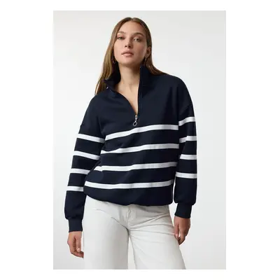 Trendyol Navy Blue Zipper Detailed Striped Regular/Normal Pattern Knitted Sweatshirt