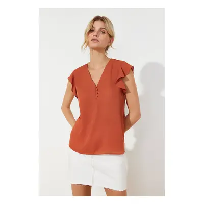 Trendyol Brown Button Detailed Flowy Semi-Sheer Woven Blouse