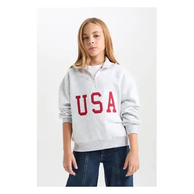 DEFACTO Girl Relax Fit Half Zipper Printed Soft Fluffy Sweatshirt