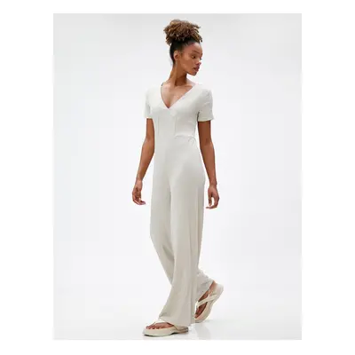 Koton Wide Leg Jumpsuit V Neck Short Sleeve