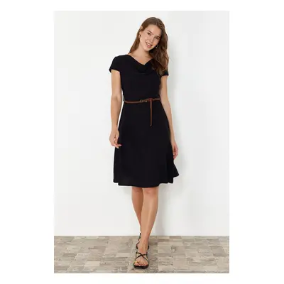 Trendyol Black Textured Belt Detailed Degaje Collar Flexible Skater/Waist-Opening Midi Knitted D