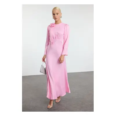 Trendyol Pink Rose Detailed Special Day Woven Satin Evening Dress