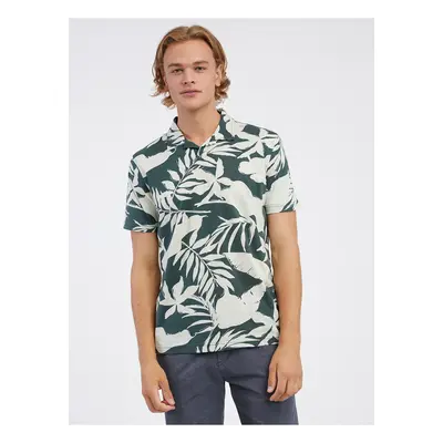 Cream-green men's flowered polo shirt LERROS - Men