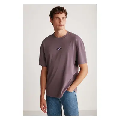 GRIMELANGE Jake Men's 100% Organic Cotton Thick Textured Fabric Printed Detail Oversize Purple T