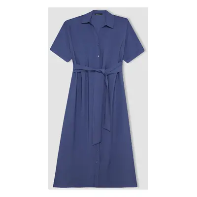 DEFACTO Shirt Collar Short Sleeve Belted Midi Dress