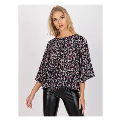 Black loose blouse with floral print ZULUNA