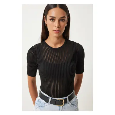 Happiness İstanbul Women's Black Lightly Transparent Knitted Blouse