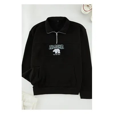 Trendyol Black Oversize/Wide Cut Animal Embroidered High Collar Zippered Sweatshirt