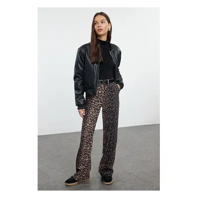 Trendyol Brown Leopard Patterned Straight Cut Woven Trousers