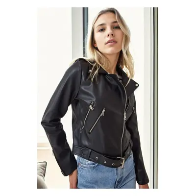 62296 Dewberry Belted Slim Fit Women PU Jacket-BLACK