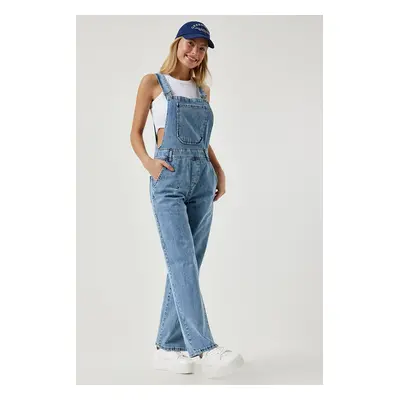 Happiness İstanbul Women's Light Blue Wide Pocket Denim Jumpsuit