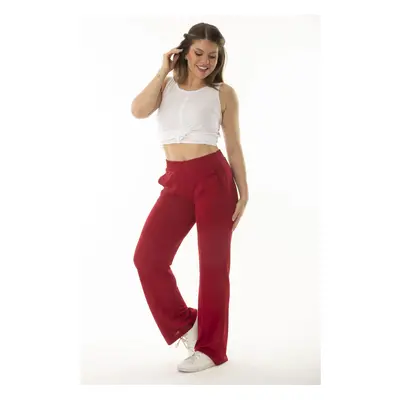 Şans Women's Large Size Claret Red Side Pocket Elastic Waist Wide Leg Tracksuit Bottom