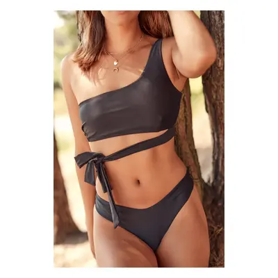 Two-piece asymmetrical black swimsuit