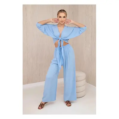 Women's set blouse with ties + trousers - pastel blue