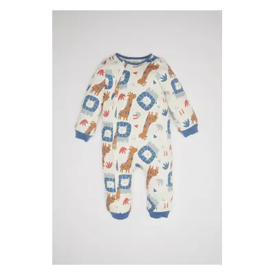 DEFACTO Baby Boy Newborn Ecru Buttoned Snap Safari Patterned Long Sleeve Jumpsuit