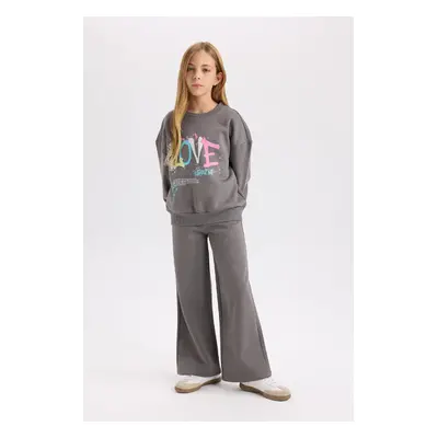 DEFACTO Girls' Crew Neck Printed Sweatshirt Elastic Waist Jogger Tracksuit Bottom Set