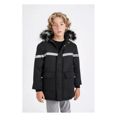 DEFACTO Boys Detachable Faux Für Collar Hooded Plush Lined Parka