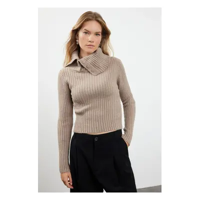 Trendyol Mink Soft Texture Crop Boat Neck Detail Knitwear Sweater