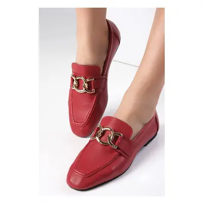 Mio Gusto Dakota Genuine Leather Red Color Chain Accessory Flat Toe Women's Loafer Shoes