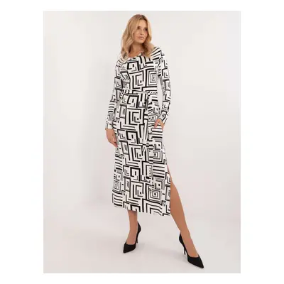 White and black midi dress with print and belt