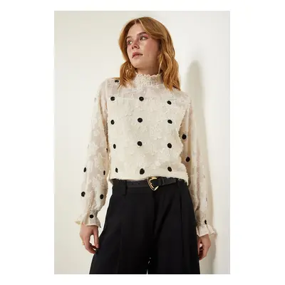 Happiness İstanbul Cream Marked Polka Dot Woven Blouse