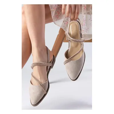 Mio Gusto Poppy Women's Flat Shoes From Genuine Suede Beige with Stones Flat Shoes.