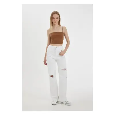 DEFACTO 90's Wide Leg High Waist Wide Leg Long Ripped Detailed White Jean Pants