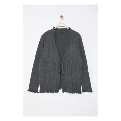 Trendyol Curve Anthracite Hair Knit Patterned Tied Knitwear Cardigan