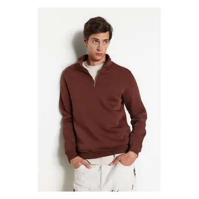 Trendyol Brown Regular/Normal Cut Stand Collar Zippered Cotton Basic Inside Polar Fleece Sweatsh