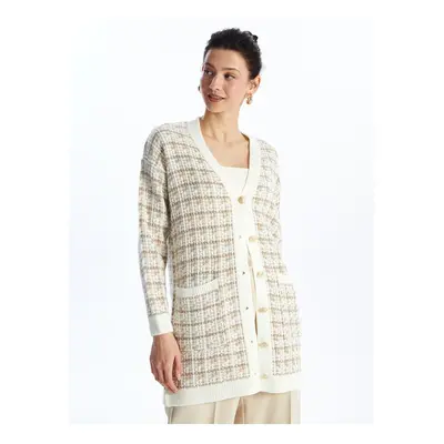 LC Waikiki LCWAIKIKI Basic Jacquard V Neck Plaid Long Sleeve Women's Knitwear Cardigan