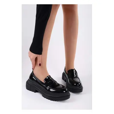 Shoeberry Women's Motto Black Patent Leather Thick Sole Loafer