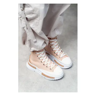 NİŞANTAŞI SHOES Rosetta Beige Linen Ankle High Thick Sole Women's Lace-up Sneakers