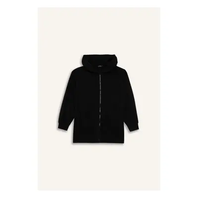 DEFACTO Hooded Basic Plain Zipper Closure Pocket Thessaloniki Fabric Long Knitwear Cardigan