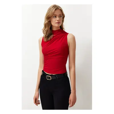 Trendyol Red Zero Sleeve Gathered, Fitted, Stretchy Knitted Blouse