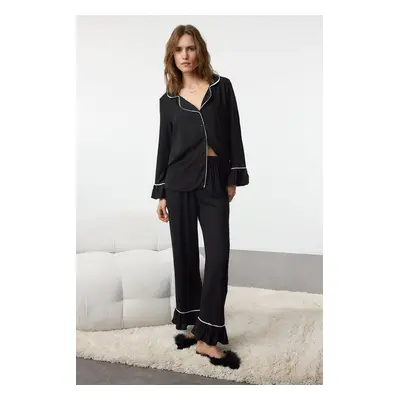 Trendyol Black Lace and Flounce Detailed Viscose Woven Pajama Set