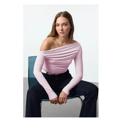 Trendyol Pink Gathered/Draped Detailed Fitted/Fits the Body Long Sleeve Flexible Knitted Blouse