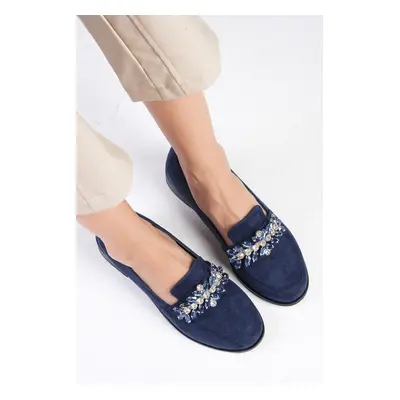 Mio Gusto Matilda Women's Dark Blue Oxford Flat Shoes with Stones