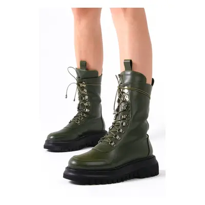 Mio Gusto Women's Ankle Boots In Green Color With Leather And Shearling Lined.