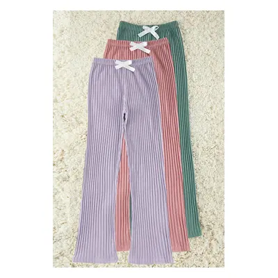 Trendyol Multi-Colored 3-Pack Cotton Ribbon/Bow Ribbed Knitted Pajama Bottoms