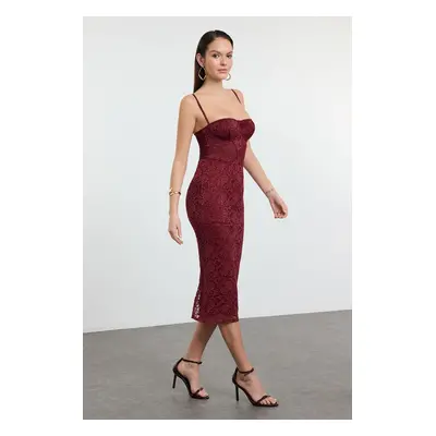 Trendyol Dark Burgundy Body-Smoothing Lined Lace Knit Dress