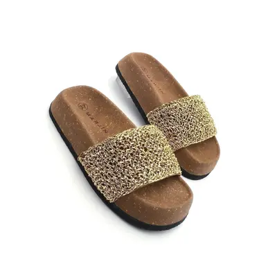 Marjin Women's Hand Knitted Cork Patterned Sole Daily Slippers Linta Gold