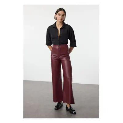 Trendyol Claret Red Faux Leather Wide Leg Pocket Detailed Knitted Trousers