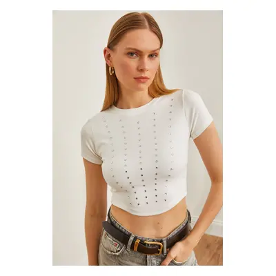 Olalook Women's White Stone Detailed Thin Corded Crop Blouse