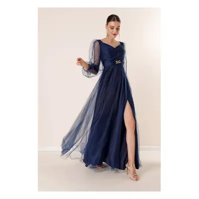 By Saygı Front Back V Neck Waist Stone Draped Lined Long Tulle Dress