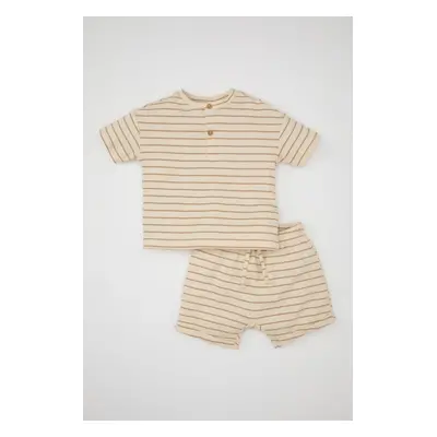 DEFACTO Baby Boy Waffle Striped Short Sleeve T-Shirt Shorts 2-Piece Set