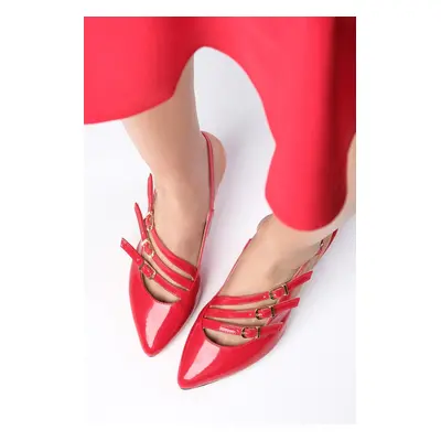 Mio Gusto Naomi Red Color Patent Leather Open Back Tape Detailed Short Heeled Women's Shoes