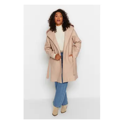 Trendyol Curve Stone Regular Fir Belted Double Breasted Closure Coat