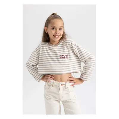 DEFACTO Girl's Crop Crew Neck Striped Sweatshirt