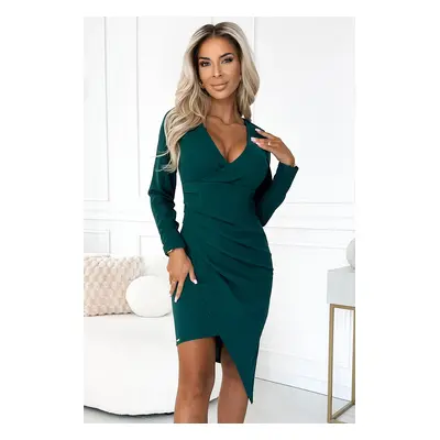 290-3 Asymmetrical dress with long sleeves, neckline and ruching - GREEN